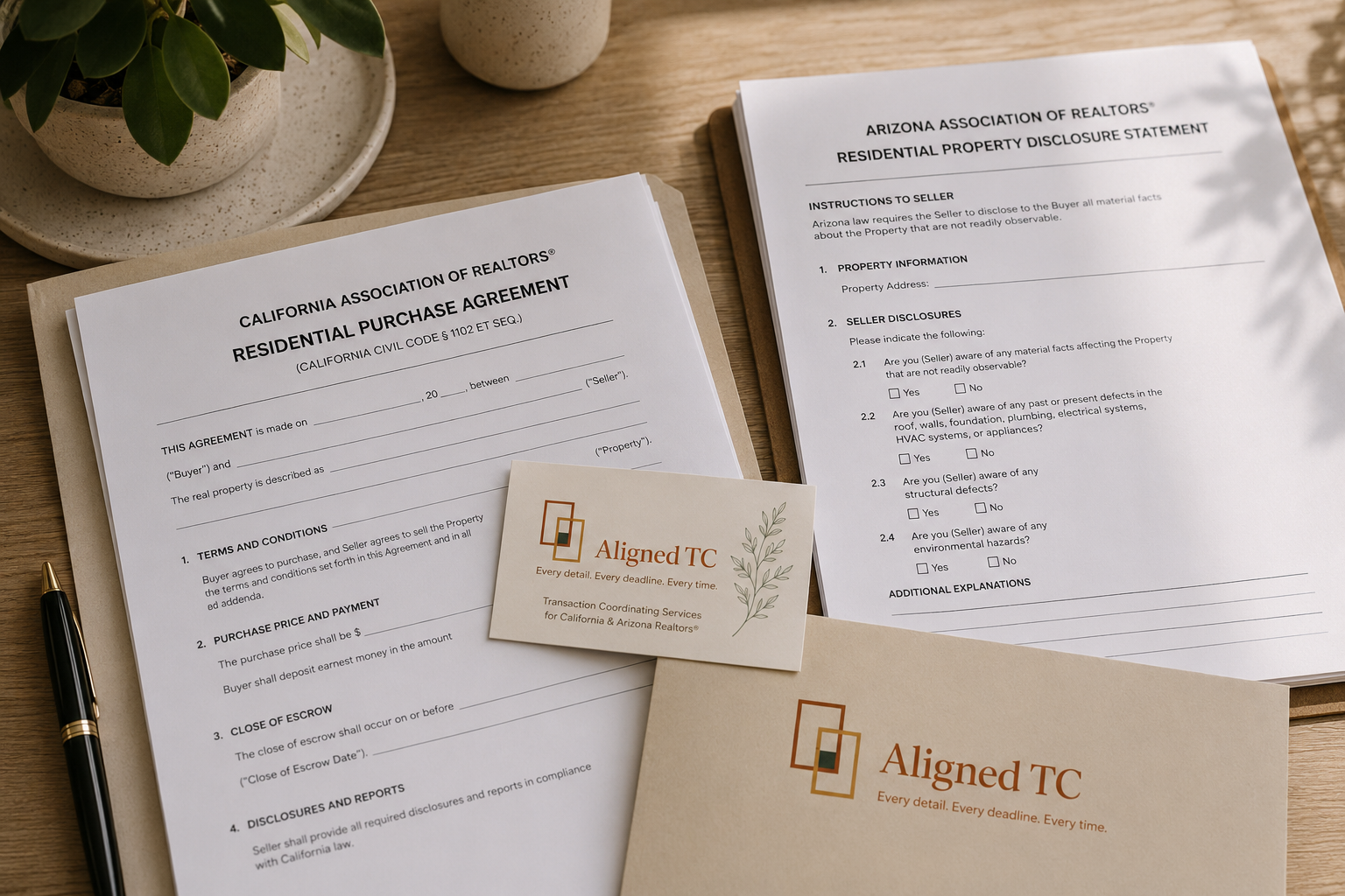 California and Arizona real estate contracts with Aligned TC business card on a desk